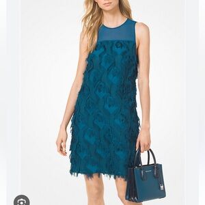 Michael Kors Peacock Blue fringed and sheer Halter Sheath Dress size Medium